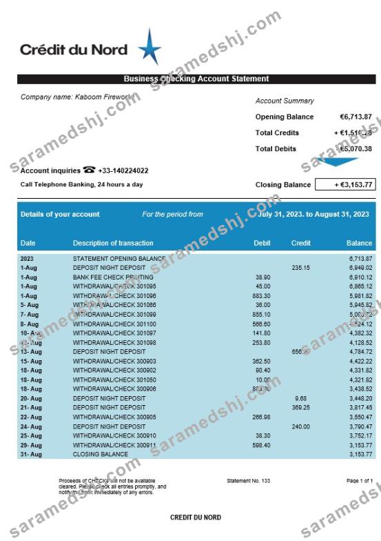 Crédit du Nord enterprise account statement Word and PDF template